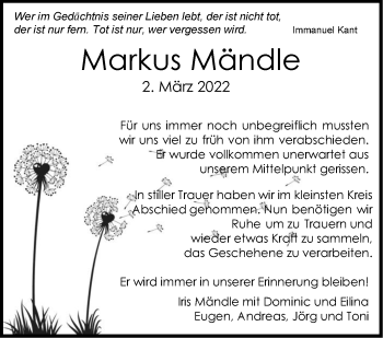 Traueranzeige von Markus Mändle von Leonberger Kreiszeitung / Strohgäu Extra