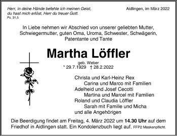 Traueranzeige von Martha Löffler von Leonberger Kreiszeitung / Strohgäu Extra