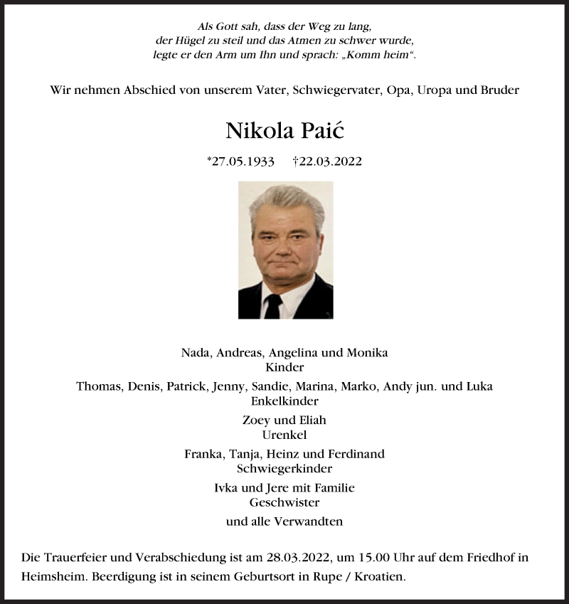  Traueranzeige für Nikola Paic vom 24.03.2022 aus Leonberger Kreiszeitung / Strohgäu Extra