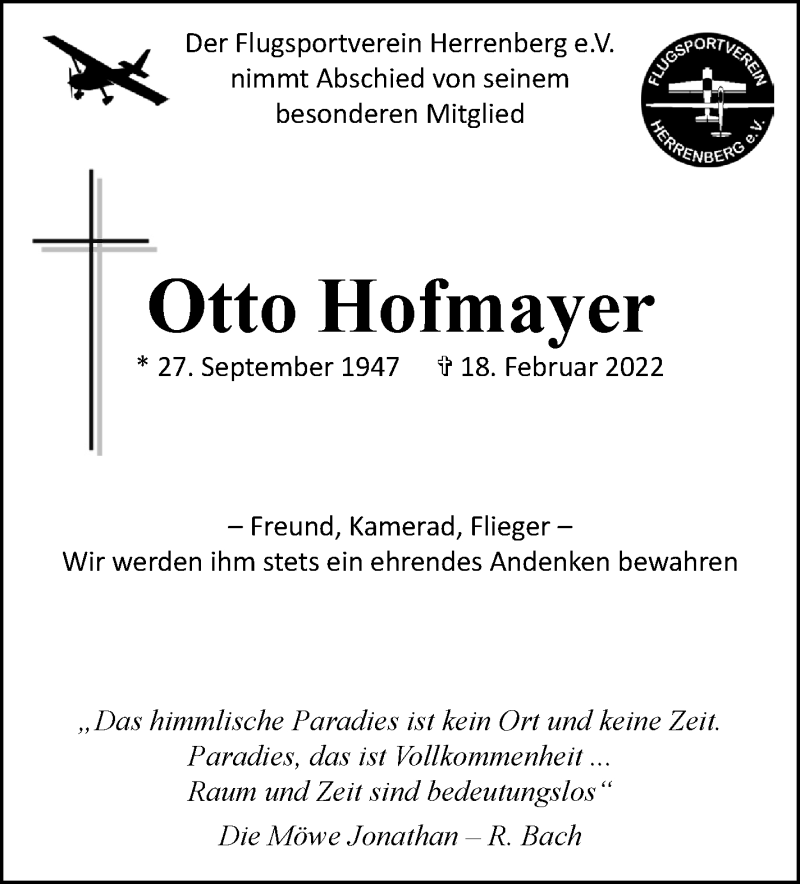  Traueranzeige für Otto Hofmayer vom 03.03.2022 aus Leonberger Kreiszeitung / Strohgäu Extra