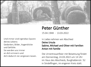 Traueranzeige von Peter Günther von Leonberger Kreiszeitung / Strohgäu Extra