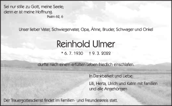 Traueranzeige von Reinhold Ulmer von Leonberger Kreiszeitung / Strohgäu Extra