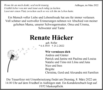 Traueranzeige von Renate Häcker von Leonberger Kreiszeitung / Strohgäu Extra