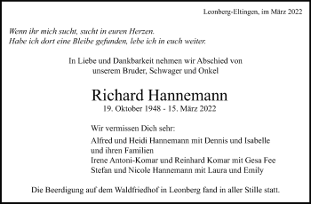 Traueranzeige von Richard Hannemann von Leonberger Kreiszeitung / Strohgäu Extra