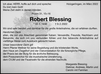 Traueranzeige von Robert Blessing von Leonberger Kreiszeitung / Strohgäu Extra