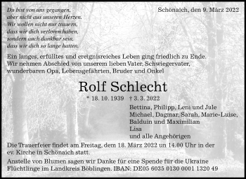 Traueranzeige von Rolf Schlecht von Leonberger Kreiszeitung / Strohgäu Extra