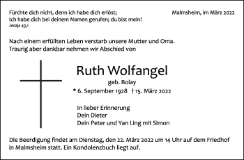 Traueranzeige von Ruth Wolfangel von Leonberger Kreiszeitung / Strohgäu Extra
