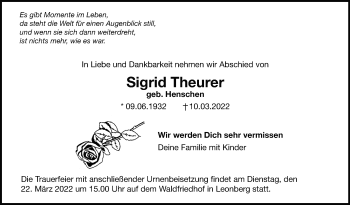 Traueranzeige von Sigrid Theurer von Leonberger Kreiszeitung / Strohgäu Extra