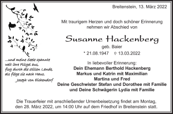 Traueranzeige von Susanne Hackenberg von Leonberger Kreiszeitung / Strohgäu Extra