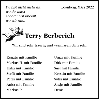 Traueranzeige von Terry Berberich von Leonberger Kreiszeitung / Strohgäu Extra