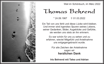 Traueranzeige von Thomas Behrend von Leonberger Kreiszeitung / Strohgäu Extra