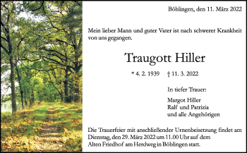 Traueranzeige von Traugott Hiller von Leonberger Kreiszeitung / Strohgäu Extra