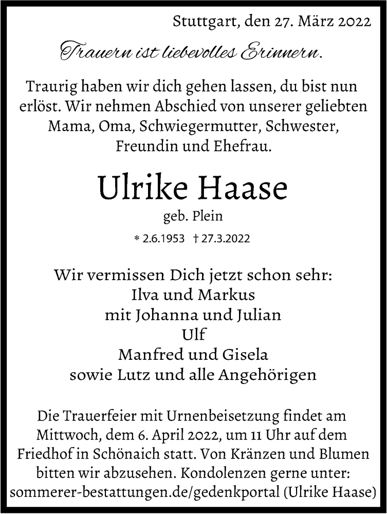  Traueranzeige für Ulrike Haase vom 31.03.2022 aus Leonberger Kreiszeitung / Strohgäu Extra