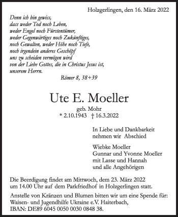 Traueranzeige von Ute E. Moeller von Leonberger Kreiszeitung / Strohgäu Extra