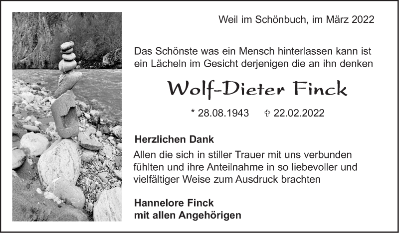  Traueranzeige für Wolf-Dieter Finck vom 17.03.2022 aus Leonberger Kreiszeitung / Strohgäu Extra