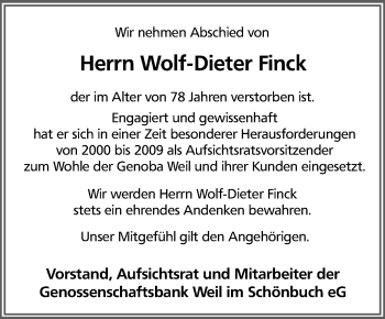 Traueranzeige von Wolf-Dieter Finck von Leonberger Kreiszeitung / Strohgäu Extra