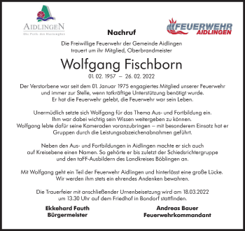 Traueranzeige von Wolfgang Fischborn von Leonberger Kreiszeitung / Strohgäu Extra