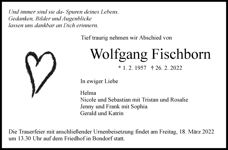  Traueranzeige für Wolfgang Fischborn vom 11.03.2022 aus Leonberger Kreiszeitung / Strohgäu Extra