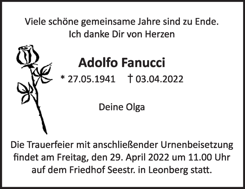  Traueranzeige für Adolfo Fanucci vom 23.04.2022 aus Leonberger Kreiszeitung / Strohgäu Extra
