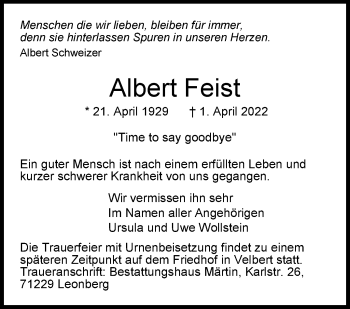 Traueranzeige von Albert Feist von Leonberger Kreiszeitung / Strohgäu Extra