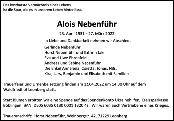 Traueranzeige von Alois Nebenführ von Leonberger Kreiszeitung / Strohgäu Extra