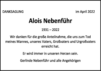 Traueranzeige von Alois Nebenführ von Leonberger Kreiszeitung / Strohgäu Extra