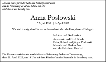 Traueranzeige von Anna Poslowski von Leonberger Kreiszeitung / Strohgäu Extra
