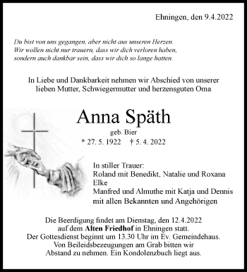 Traueranzeige von Anna Späth von Leonberger Kreiszeitung / Strohgäu Extra