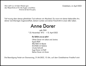 Traueranzeige von Anne Dorer von Leonberger Kreiszeitung / Strohgäu Extra