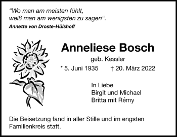 Traueranzeige von Anneliese Bosch von Leonberger Kreiszeitung / Strohgäu Extra