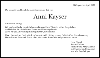 Traueranzeige von Anni Kayser von Leonberger Kreiszeitung / Strohgäu Extra