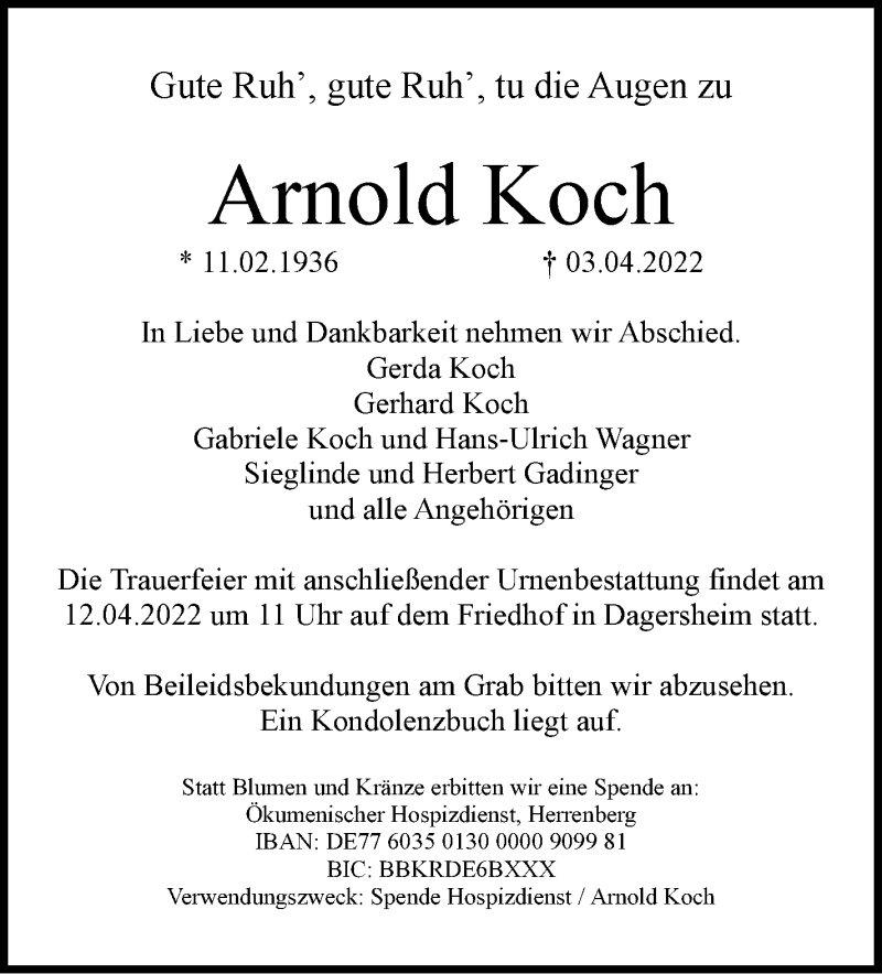  Traueranzeige für Arnold Koch vom 09.04.2022 aus Leonberger Kreiszeitung / Strohgäu Extra