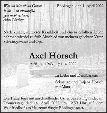 Traueranzeige von Axel Horsch von Leonberger Kreiszeitung / Strohgäu Extra