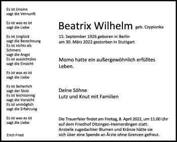 Traueranzeige von Beatrix Wilhelm von Leonberger Kreiszeitung / Strohgäu Extra