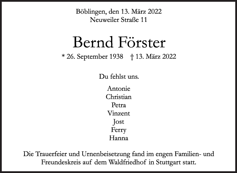  Traueranzeige für Bernd Förster vom 02.04.2022 aus Leonberger Kreiszeitung / Strohgäu Extra