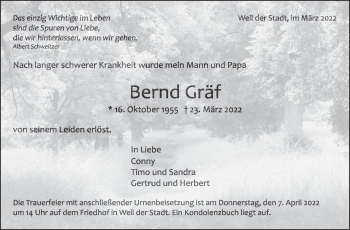Traueranzeige von Bernd Gräf von Leonberger Kreiszeitung / Strohgäu Extra