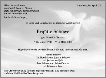 Traueranzeige von Brigitte Schewe von Leonberger Kreiszeitung / Strohgäu Extra