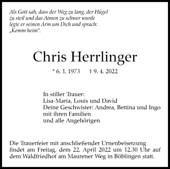 Traueranzeige von Chris Herrlinger von Leonberger Kreiszeitung / Strohgäu Extra