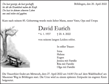 Traueranzeige von David Eurich von Leonberger Kreiszeitung / Strohgäu Extra