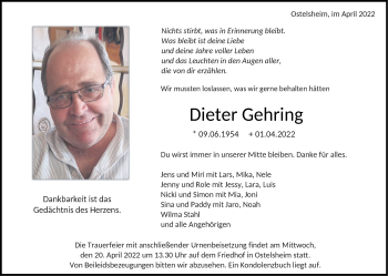 Traueranzeige von Dieter Gehring von Leonberger Kreiszeitung / Strohgäu Extra