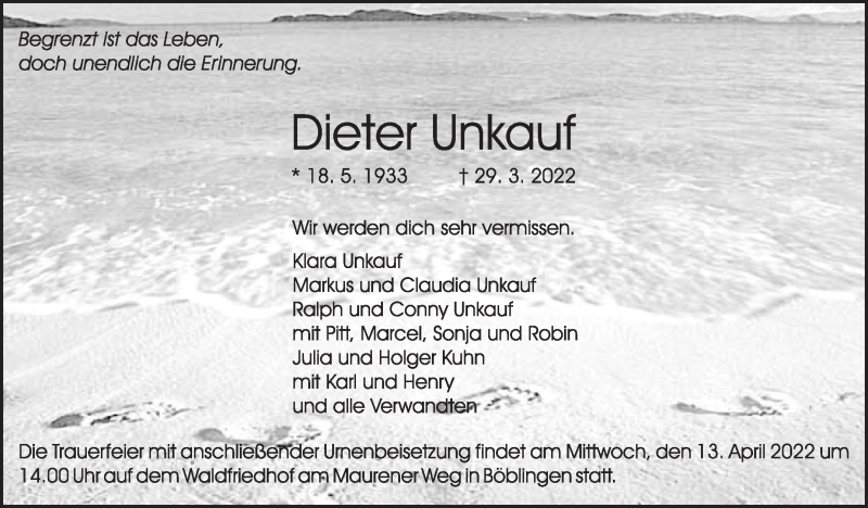  Traueranzeige für Dieter Unkauf vom 02.04.2022 aus Leonberger Kreiszeitung / Strohgäu Extra