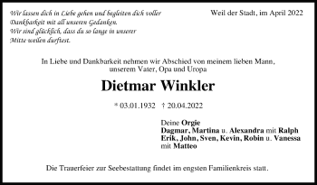 Traueranzeige von Dietmar Winkler von Leonberger Kreiszeitung / Strohgäu Extra