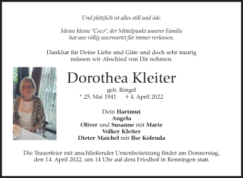 Traueranzeige von Dorothea Kleiter von Leonberger Kreiszeitung / Strohgäu Extra