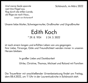 Traueranzeige von Edith Koch von Leonberger Kreiszeitung / Strohgäu Extra