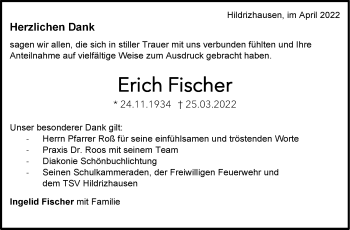Traueranzeige von Erich Fischer von Leonberger Kreiszeitung / Strohgäu Extra