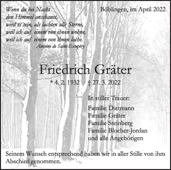 Traueranzeige von Friedrich Gräter von Leonberger Kreiszeitung / Strohgäu Extra