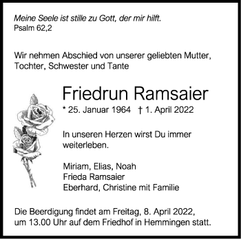 Traueranzeige von Friedrun Ramsaier von Leonberger Kreiszeitung / Strohgäu Extra