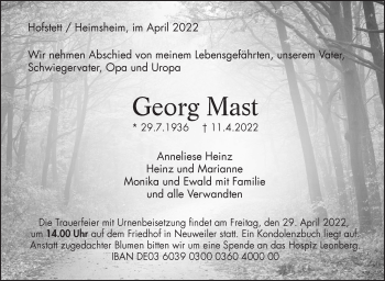 Traueranzeige von Georg Mast von Leonberger Kreiszeitung / Strohgäu Extra