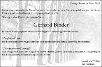 Traueranzeige von Gerhard Binder von Leonberger Kreiszeitung / Strohgäu Extra