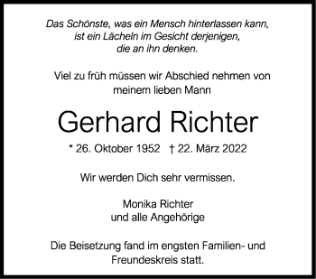 Traueranzeige von Gerhard Richter von Leonberger Kreiszeitung / Strohgäu Extra